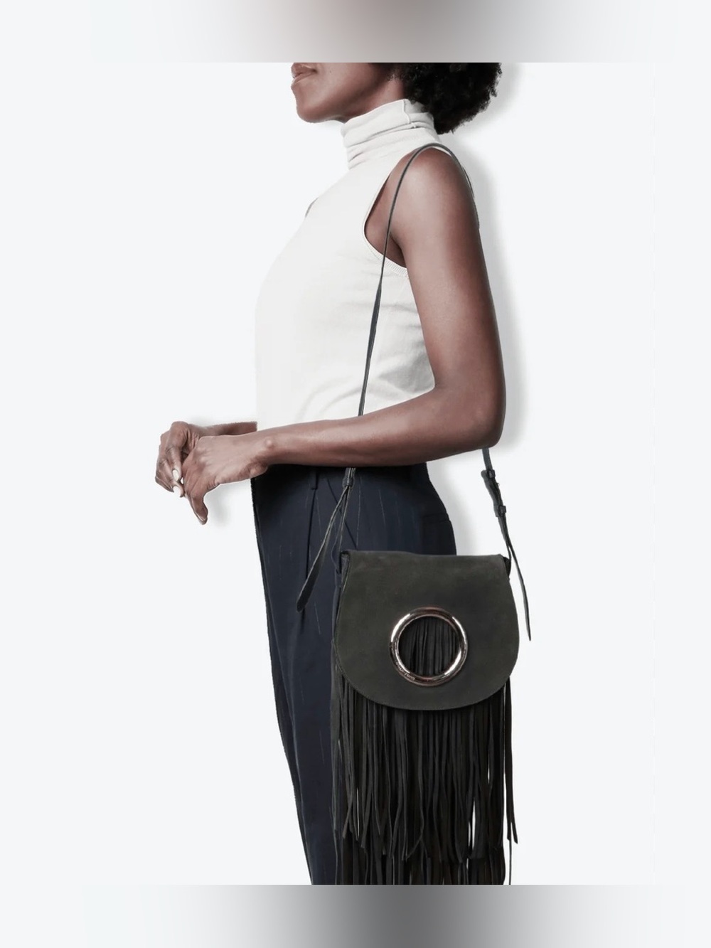 Black Fringe Crossbody Bag with Gold Ring Accent by INZI - Picture 10 of 11